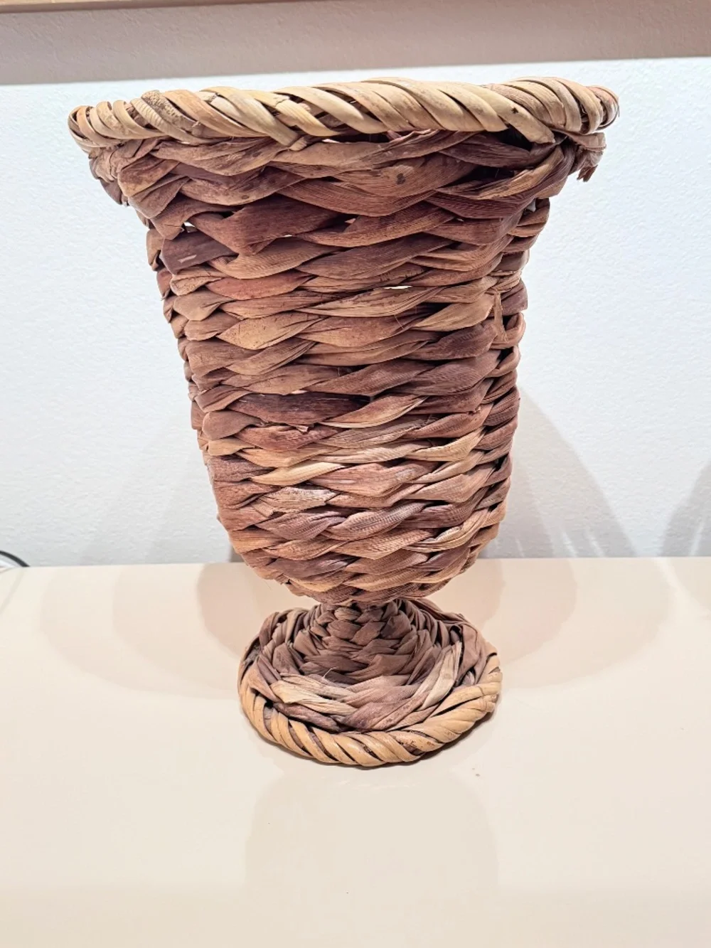 Vintage Pair Woven Wicker Urn Style Pedestal Vases